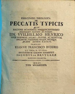 Exercitatio Theologica De Peccatis Typicis