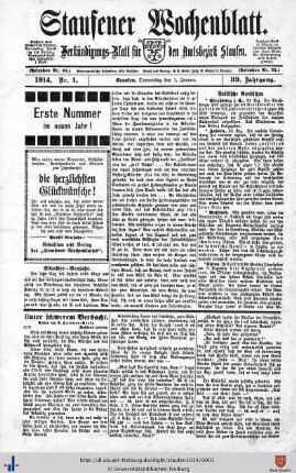 39. Jg: Staufener Wochenblatt (1921 bis 1934 als Staufener Tagblatt)