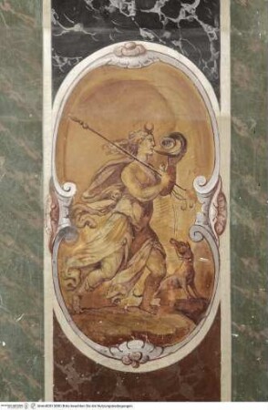 Scheinarchitektur mit Durchblicken auf Phantasielandschaften, Die Göttin Diana