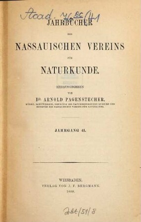 Jahrbücher des Nassauischen Vereins für Naturkunde. 41. 1888
