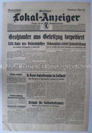 Tageszeitung "Berliner Lokal-Anzeiger" u.a. über den Empfang des jugoslawischen Handelsministers Andres und des schwedischen Forschers Hedin bei Goering