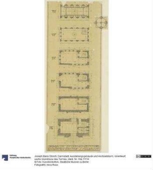 Darmstadt, Ausstellungsgebäude und Hochzeitsturm, Vorentwurf, sechs Grundrisse des Turmes