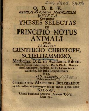 Exercitationum Medicarum Qvinta [Quinta] Continens Theses Selectas De Principio Motus Animali