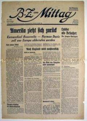 Titelblatt der Berliner Tageszeitung "B.Z. am Mittag" zur Reaktion der USA und Großbritanniens auf den geplanten Austritt des Deutschen Reiches aus dem Völkerbund