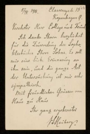 Nr. 28. Postkarte von Johan L. Heiberg an Ulrich von Wilamowitz-Moellendorff. Kopenhagen, 5.4.1918