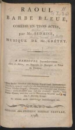 Raoul Barbe Bleue : Comédie En Trois Actes, par Mr. Sedaine