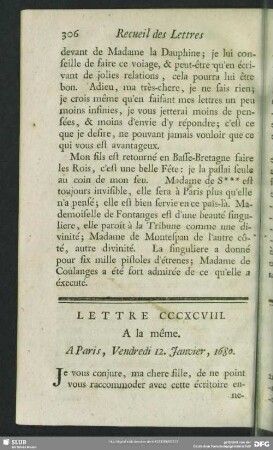 Lettre CCCXCVIII. A la même. A Paris, Vendredi 12. Janvier, 1680