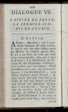 Dialogue VII. L'Avoyer De Berne, Le Premier Syndic De Geneve.