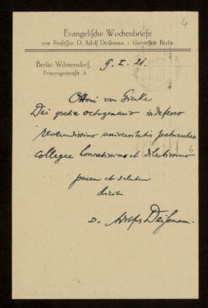 Postkarte von Adolf Deissmann an Otto von Gierke, Berlin-Wilmersdorf, 9.1.1921
