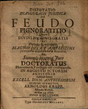 Disputatio Inauguralis Juridica De Feudo Pignoratitio