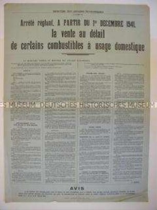 Maueranschlag für das besetzte Belgien mit der Ankündigung der Zuteilung von Brennmaterial (einsprachig)