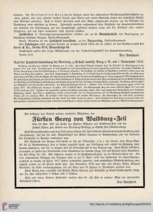 Aus der Hauptversammlung der Verein. z. Erhalt. deutsch. Burg. e. V., am 1. November 1918
