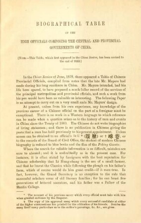 Biographical table of the high officials composing the central and provincial governments of China