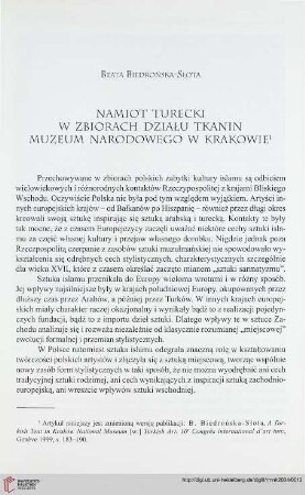 N.S. 2.2004: Namiot turecki w zbiorach Działu Tkanin Muzeum Narodowego w Krakowie