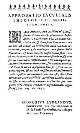 Approbatio Facvltatis Theologicae Ingolstadiensis.