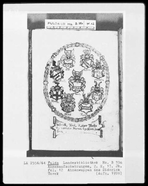 Ahnenaufschwörungen — Ahnenwappen des Diderick Torck, Folio 12recto