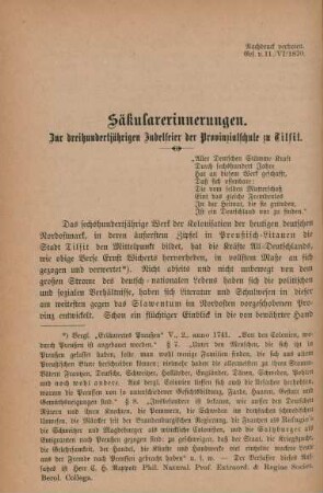 Säkularerinnerungen. Zur dreihundertjährigen Jubelfeier der Provinzialschule zu Tilsit