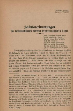 Säkularerinnerungen. Zur dreihundertjährigen Jubelfeier der Provinzialschule zu Tilsit