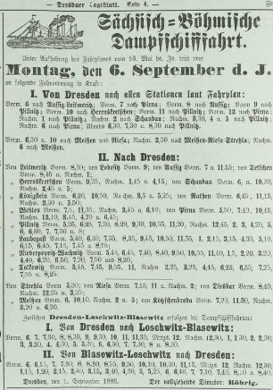 Sächsisch-Böhmische Dampfschifffahrt. Mitteilung über Fahrplanänderung : Sächs. -Böhm. Dampfschifffahrt, Fahrplanänderung 1886