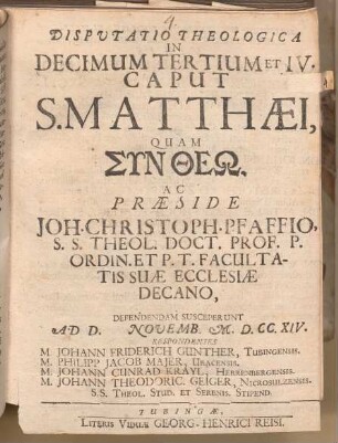 Disp. theol. in decimum tertium et IV. caput S. Matthaei