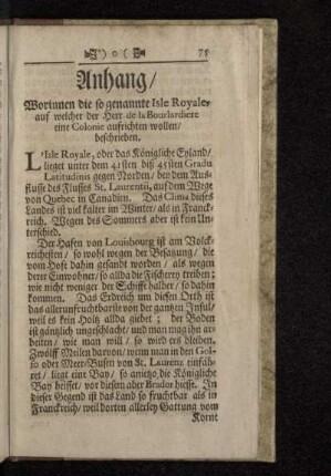 Anhang/ Worinnen die so genannte Isle Royale, auf welcher der Herr de la Bourlardiere eine Colonie aufrichten wollen/ beschrieben.