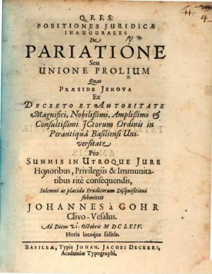Positiones iur. inaug. de pariatione seu unione prolium