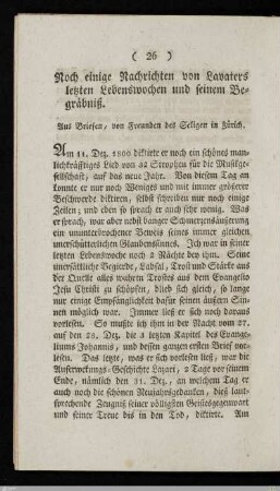 Noch einige Nachrichten von Lavaters letzten Lebenswochen und seinem Begräbnis