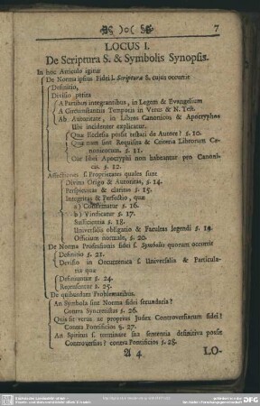 Locus I. De Scriptura S. & Symbolis Synopsis