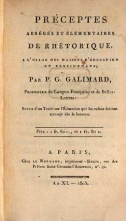 Préceptes abrégés et élémentaires de rhetorique