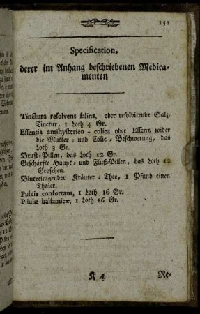 Specification, derer im Anhang beschriebenen Medicamenten
