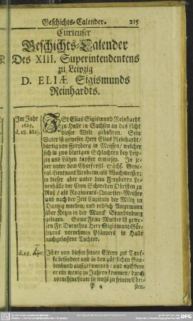 Curieuser Geschichts-Calender Des XIII. Superintendentens zu Leipzig D. Eliae Sigismunds Reinhardts