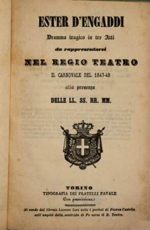 Ester d'Engaddi : dramma tragico in tre atti ; da rappresentarsi nel Regio Teatro, il carnovale del 1847 - 48