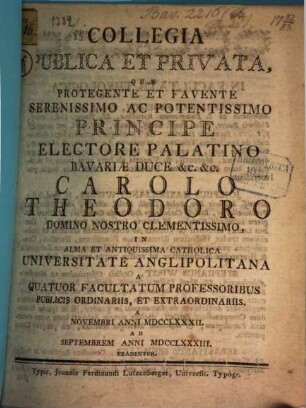 Collegia publica et privata, quae ... in alma et antiquissima Universitate Anglipolitana ... tradentur. 1782/83