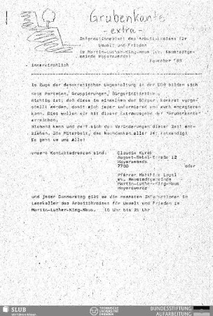 1989,Nov.: Informationsblatt des Arbeitskreises für Umwelt und Frieden "Grubenkante" der Neustadtgemeinde Hoyerswerda im Martin-Luther-King-Haus