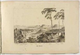 Die Aussichtsplattform auf der Bastei in der Sächsischen Schweiz mit Blick nach Südosten über die Elbe auf die Tafelberge, aus: Die Bastei in fünf Ansichten von Ludwig Richter, Heft 1 der Reihe "Die Sächsische Schweiz in Bildern"