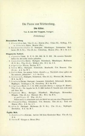 Die Fauna von Württemberg. Käfer. (3. Fortsetzung)