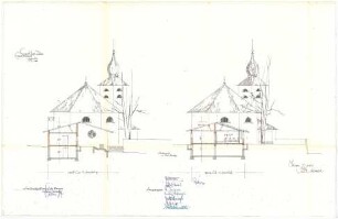 Gsaenger, Gustav; Prien / Chiemsee (Bayern); Ev. Kirche - Erweiterung mit Gemeindesaal u. Amtsräumen (Schnitte)