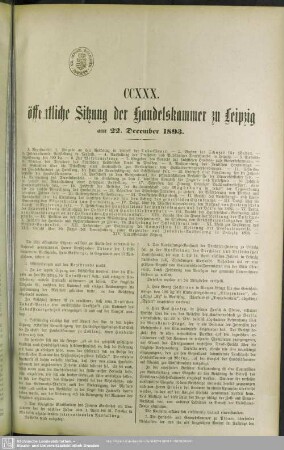 CCXXX. öffentliche Sitzung der Handelskammer zu Leipzig am 22. December 1893