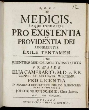 De Medicis, Iisque Innumeris Pro Existentia Ac Providentia Dei Argumentis Exile Tentamen
