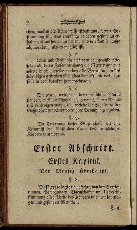 Erster Abschnitt. Erstes Kapitul. Der Mensch überhaupt.- Zweytes Kapitel. Der Körper insbesondere.