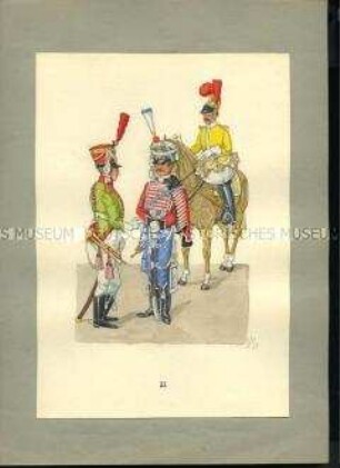 Uniformdarstellung, Trompeter des Chevauleger-Regiments Prinz Clemens, Trompeter des Husaren-Regiments, Kesselpauker des Kürassier-Regiments vac. von Zastrow zu Pferd, Sachsen, 1810/1811. Veränderte Kopie aus: Abbildung der neu organisierten Königlich-Sächsischen Armee.