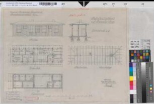 Aufenthaltsgebäude auf Bahnhof Hugo: Ansicht, Grundrisse, Schnitt, Sparrenlage, M. 1:50 Hgü, Sknr.: 2, Fanr.: 2, Bunr.: 1