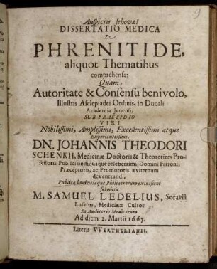 Dissertatio Medica De Phrenitide, aliquot Thematibus comprehensa
