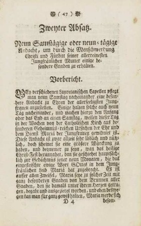 Zweyter Absatz. Neun Samstägige oder neun-tägige Andacht, um durch die Menschwerdung Christi und Fürbitt seiner allerreinesten Jungfräulichen Mutter einige besondere Gnaden zu erhalten
