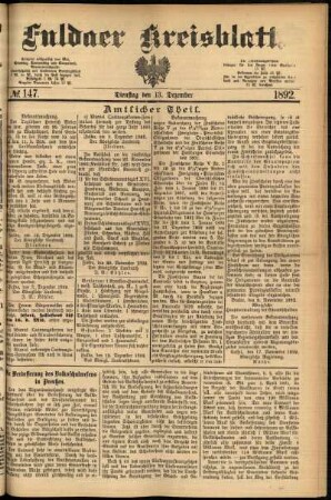 Erste Ausgabe vom Dienstag, den 13. Dezember 1892.