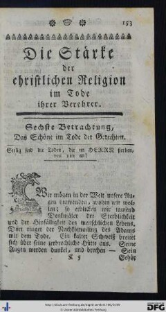 Sechste Betrachtung. Das Schöne im Tode der Gerechten.