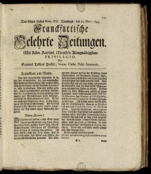 Num. XXI. Dienstags, den 12. Mart. 1743 - Num. XXX. Freytags, den 12. April. 1743