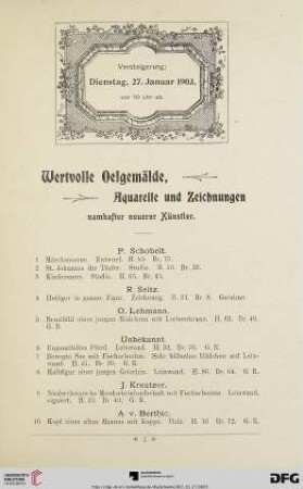 Wertvolle Oelgemälde, Aquarelle und Zeichnungen namhafter neuerer Künstler (Nr. 1-159)