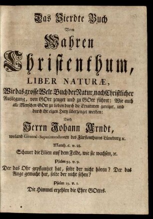 Das Vierdte Buch Vom Wahren Christenthum, Liber Naturae, ...