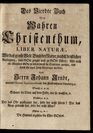Das Vierdte Buch Vom Wahren Christenthum, Liber Naturae, ...